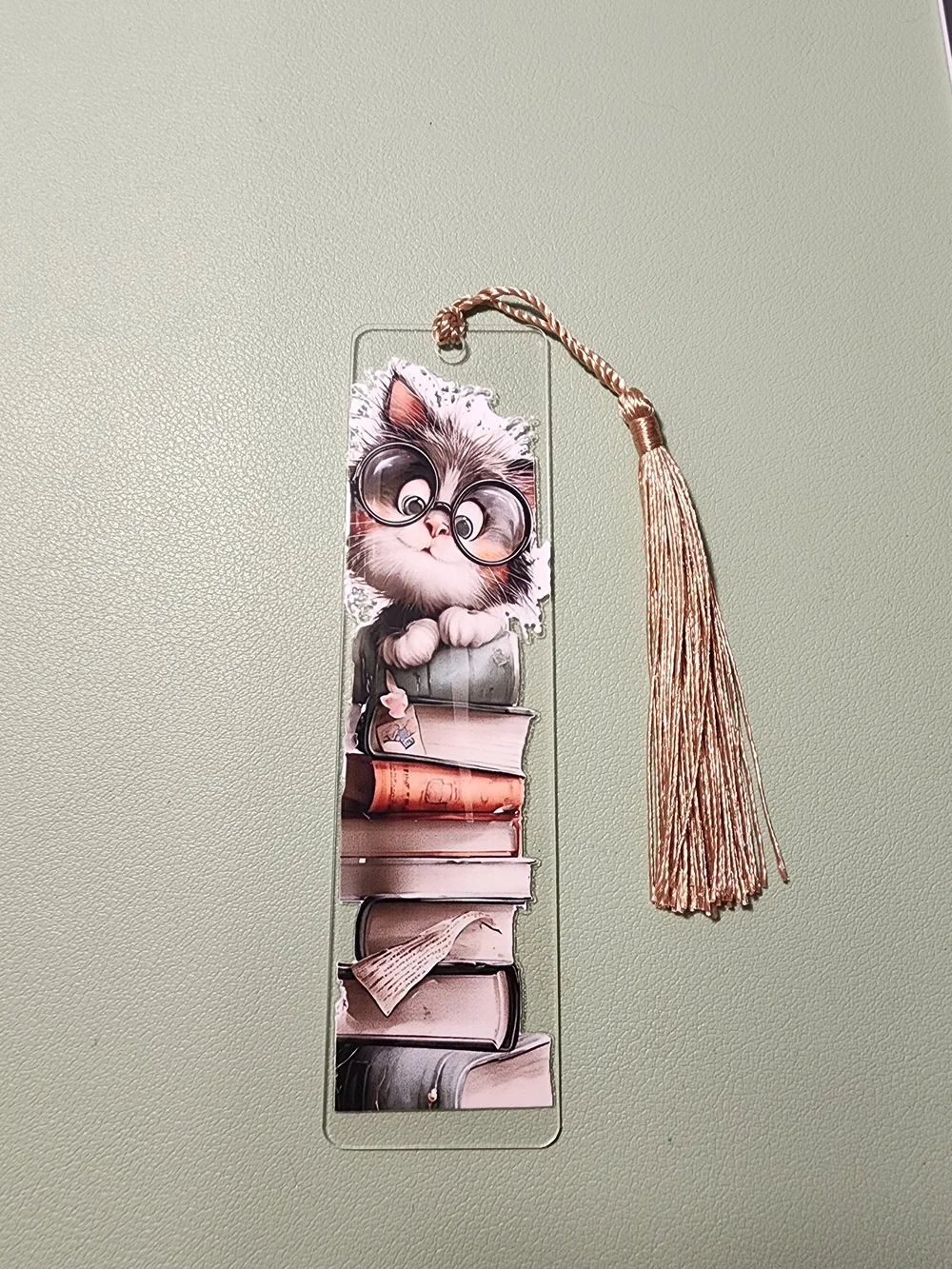 Cute Cat Bookmark with Books and Tassel